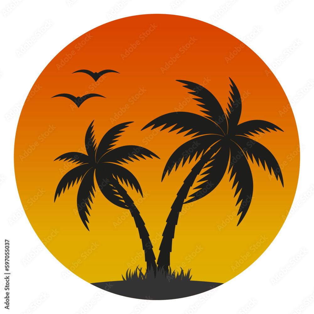 Illustration of an island with a palm tree and seagulls against the background of the sunset