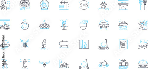 Beach resort linear icons set. Sand, Sun, Waves, Hammock, Ocean, Palm trees, Relaxation line vector and concept signs. Seaside,Surfing,Bikinis outline illustrations Generative AI