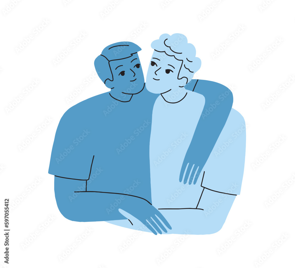 Happy gay couple. Homosexual romantic relationship between affectionate men. Happy loving guy, boyfriends hugging together. LGBT partners. Flat graphic vector illustration isolated on white background Happy gay couple. Homosexual romantic relationship between affectionate men. Happy loving guy, boyfriends hugging together. LGBT partners. Flat graphic vector illustration isolated on white background