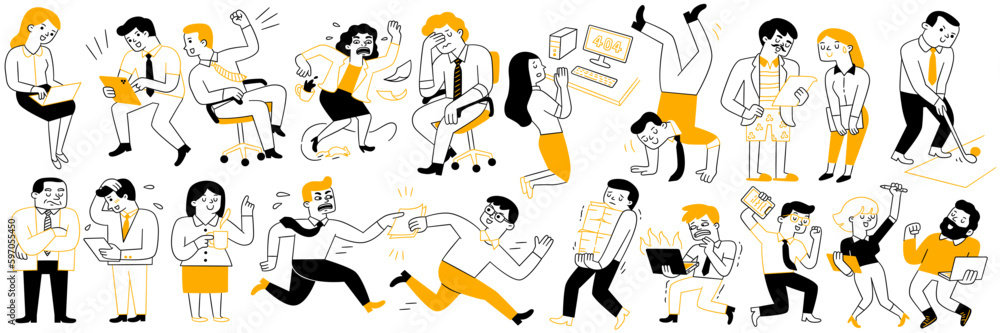 Cute character illustration doodle style of funny office person, happy employees at work, various activities, working, busy, celebrating, tired, different individuals. Outline, thin line art. - obrazy, fototapety, plakaty 