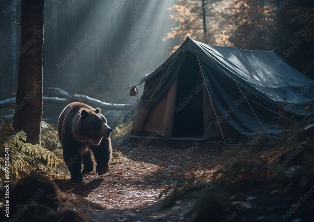 Fototapeta premium brown bear in camp near tent, danger in camp, generative ai 