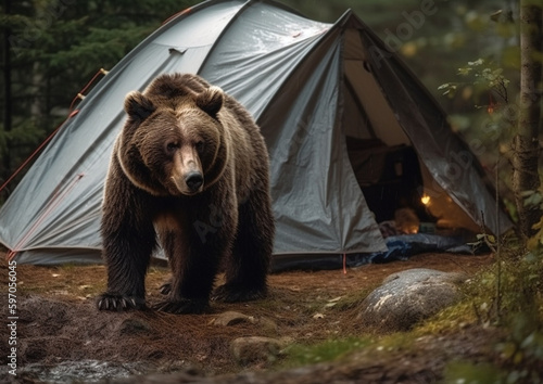 brown bear in camp near tent, danger in camp, generative ai 
