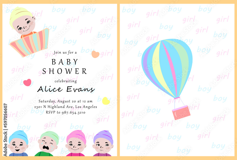 Baby shower poster, vector templates. Baby shower invitations with kids in different mood, hearts, air baloon and text on white background Baby shower poster, vector templates. Baby shower invitations with kids in different mood, hearts, air baloon and text on white background