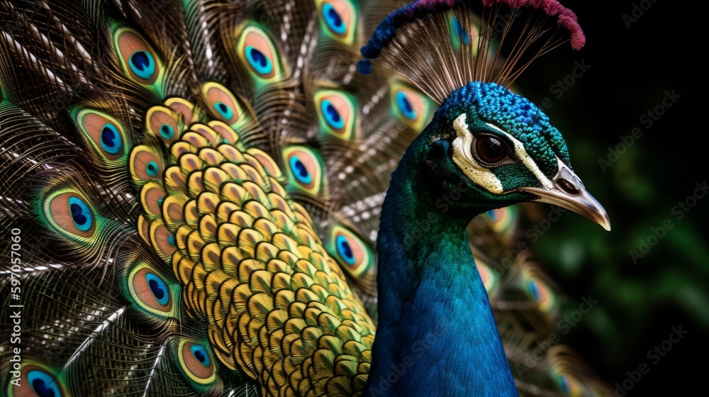 Obraz premium Colorful and exotic peacock, close-up. AI generated