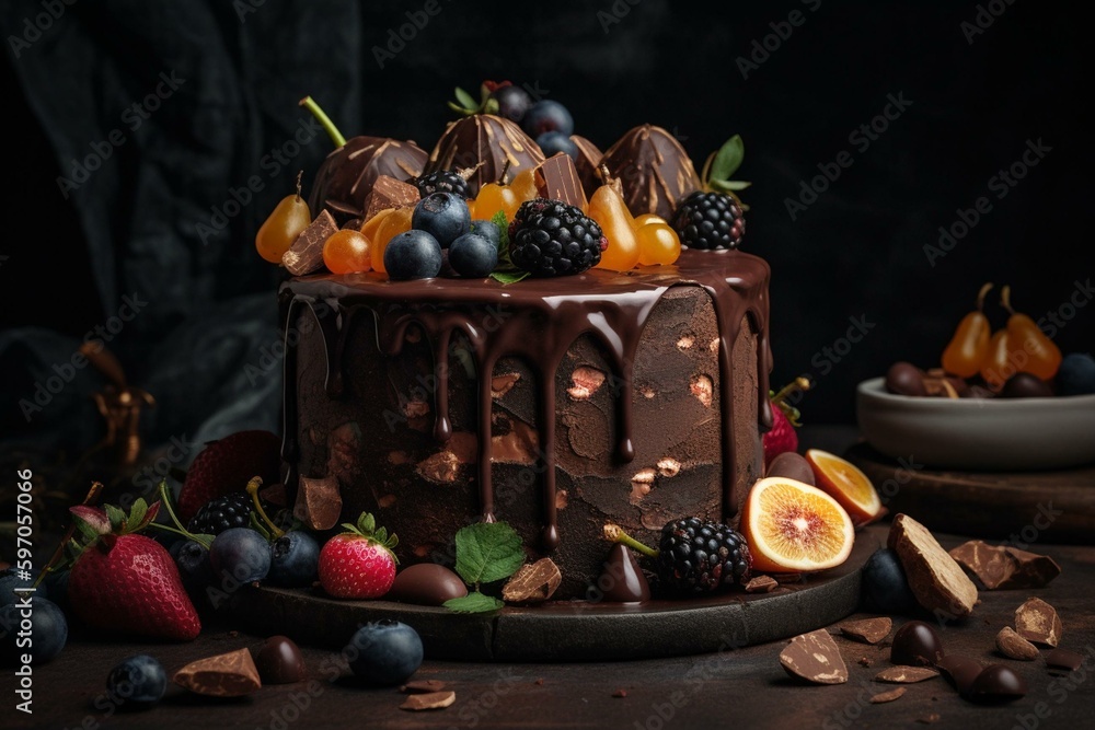 A stunning chocolate cake with fruit toppings and a surprise for special occasions like birthdays, mother's day, and valentine's day. Dark backdrop adds allure. Generative AI