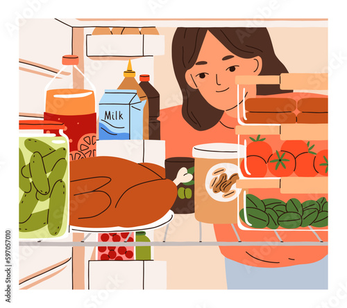 Person looking inside fridge. Woman opening, checking home refrigerator with food products, ingredients, choosing eating on shelf with varied snacks, turkey, vegetables. Flat vector illustration