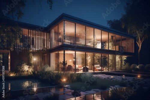 A contemporary house with illuminated interior at night. Rendered in 3D. Generative AI