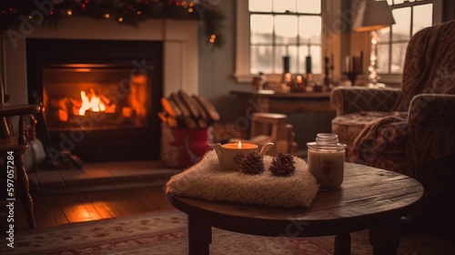 Cozy Christmas morning by fire. AI generated