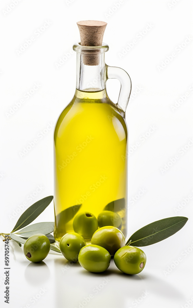 A transparent bottle of rich olive oil with a cluster of green olives at its base, representing freshness and quality. A transparent bottle of rich olive oil with a cluster of green olives at its base, representing freshness and quality.