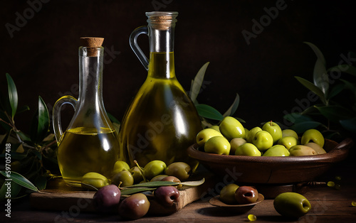 Still life of olive oil bottles with a wooden bowl of olives, set against a dark background for a classic, vintage feel.