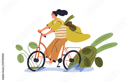 Happy girl riding bicycle in summer. Young woman cyclist with tote bag cycling bike after green shopping. Active eco-friendly lifestyle concept. Flat vector illustration isolated on white background