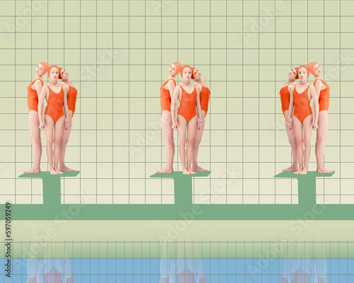 Young female swimming athletes in red swimsuits standing on starting blocks, ready to jump into pool and swim. Contemporary art collage. Concept of sport, retro style, creativity, fashion, activity. photo