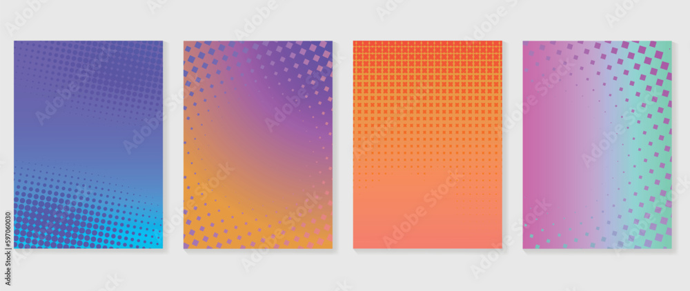 Abstract gradient background vector set. Minimalist style cover template with vibrant color, pixel, dot, sparkle, halftone collection. Ideal design for social media, poster, cover, banner, flyer.