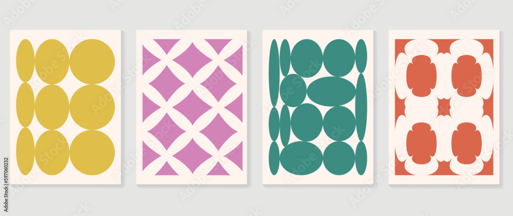 Fototapeta premium Retro geometric shapes cover background. Set of contemporary art wall decoration with flower, sparkle, circle pattern. Geometric posters in trendy illustrated design for cover, banner, print, fabric.