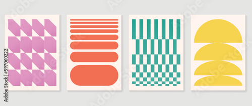 Retro geometric shapes cover background. Set of contemporary art wall decoration with square, circle, dot pattern. Geometric posters in trendy illustrated design for cover, banner, print, fabric.