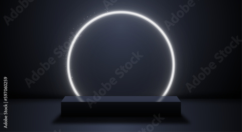 Realistic vector podium with neon glowing effect. Pedestal for product presentation, showroom, black stand display.