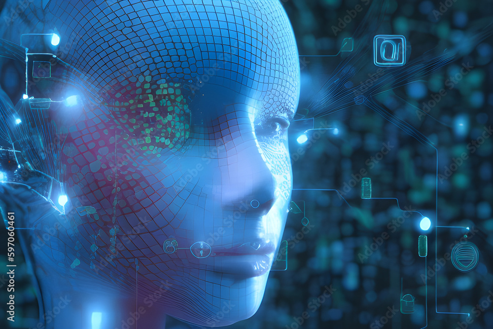 Close portrait of half human half robot. Symbolic image for artificial intelligence, generative ai Close portrait of half human half robot. Symbolic image for artificial intelligence, generative ai