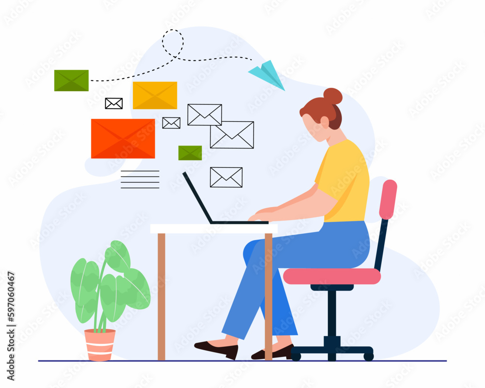 Businesswoman is sitting at the desk and working on the laptop, check and send emails. Email service concept. Businesswoman is sitting at the desk and working on the laptop, check and send emails. Email service concept.