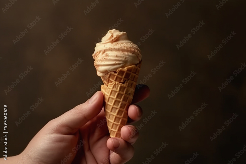 Ice cream cone in a hand. Hand holding an ice-cream waffle cone ...