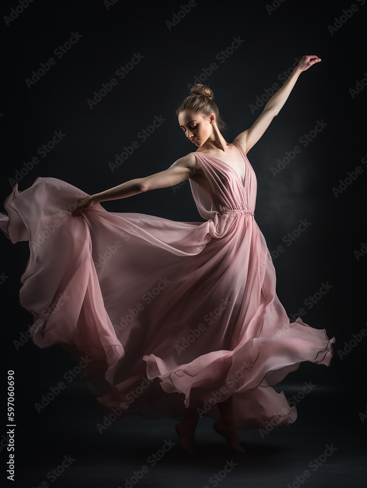 Fluid Dance Movement. The fluidity of movement is beautifully captured as a dancer in a blush gown twirls, her dress billowing around her.