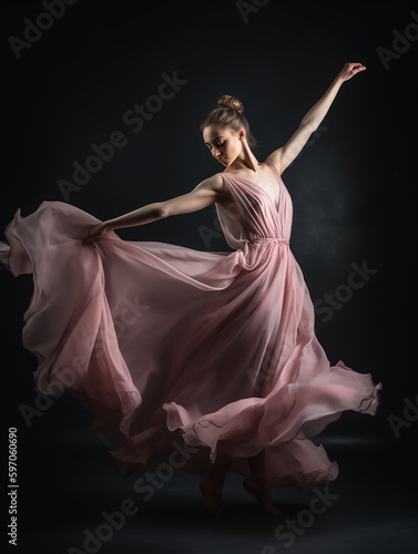 Fluid Dance Movement. The fluidity of movement is beautifully captured as a dancer in a blush gown twirls, her dress billowing around her.