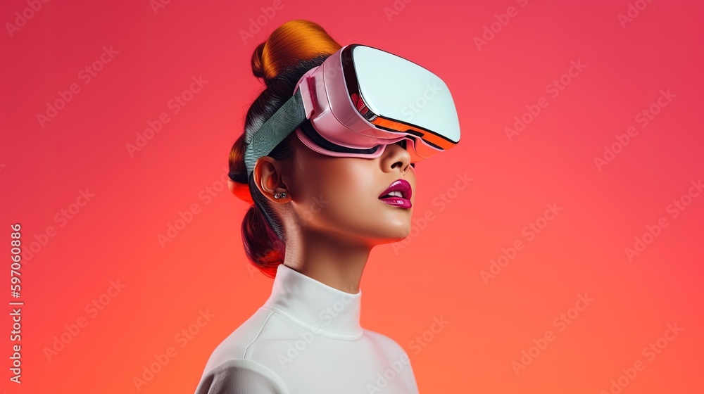 Beautiful young woman using virtual reality headset. Future technology concept.Generative Ai Beautiful young woman using virtual reality headset. Future technology concept.Generative Ai