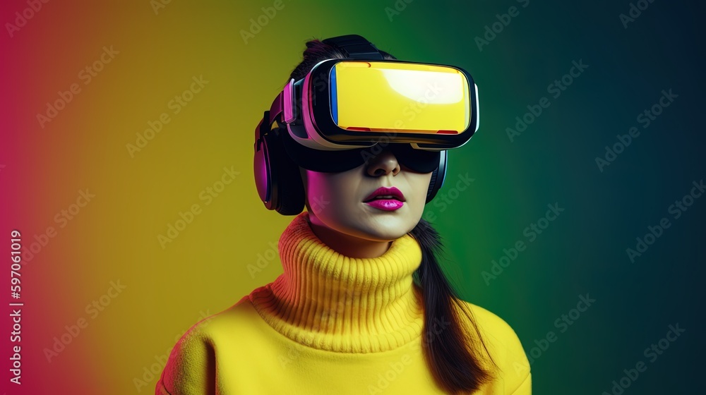 Beautiful young woman using virtual reality headset. Future technology concept.Generative Ai Beautiful young woman using virtual reality headset. Future technology concept.Generative Ai