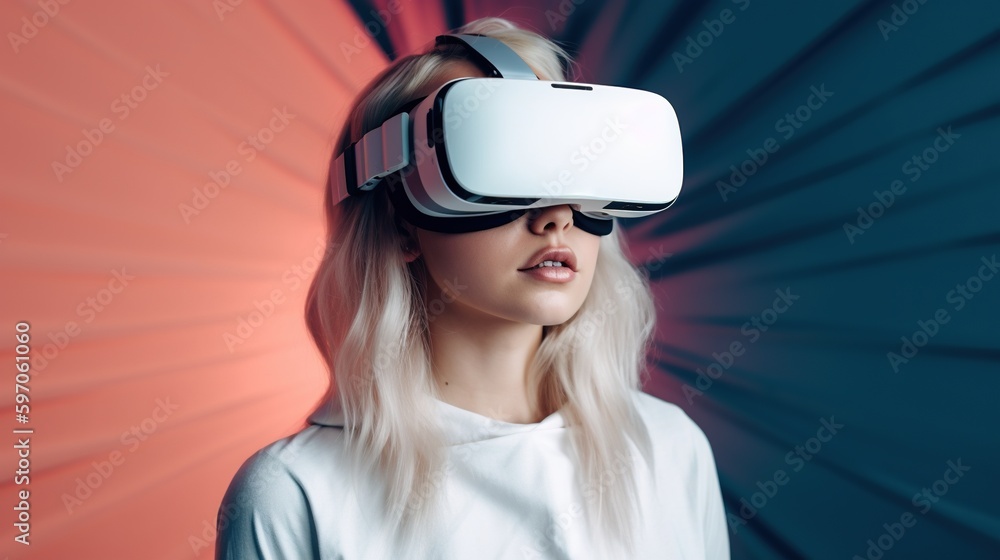 Beautiful young woman using virtual reality headset. Future technology concept.Generative Ai Beautiful young woman using virtual reality headset. Future technology concept.Generative Ai