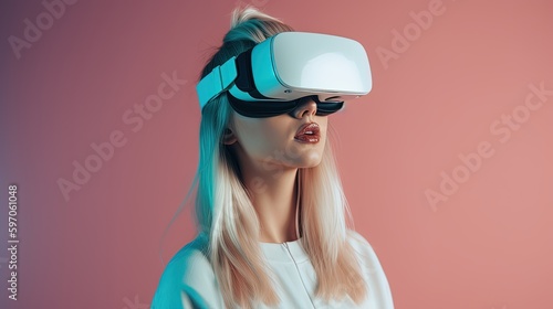 Beautiful young woman using virtual reality headset. Future technology concept.Generative Ai © Rudsaphon