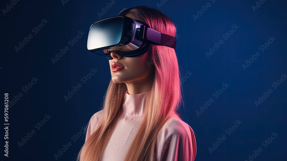 Beautiful young woman using virtual reality headset. Future technology concept.Generative Ai Beautiful young woman using virtual reality headset. Future technology concept.Generative Ai