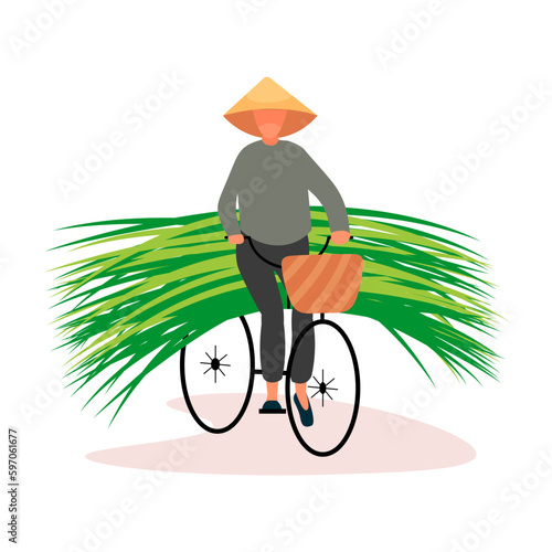 Vietnamese person on bicycle carries large stack of grass cartoon vector illustration isolated on white background