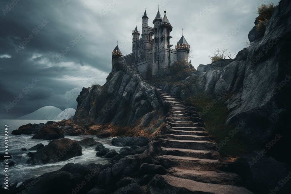 Dark fantasy castle on rocky shore with stairs, high resolution art. Generative AI