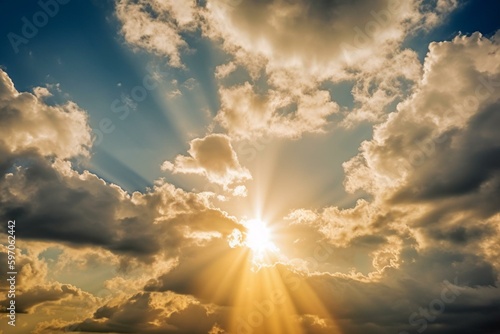 Sunrays piercing through heavenly clouds. Generative AI