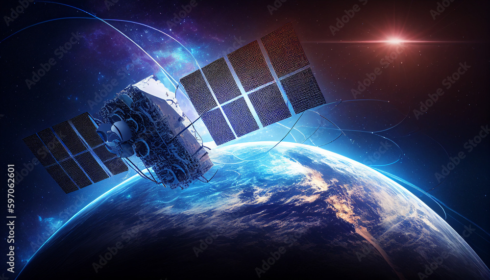 Navigation Satellit Weltall, Raumfahrt Technologie, schnelles Internet durch 5g Satellit, Generative AI  - obrazy, fototapety, plakaty 