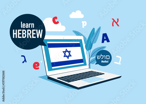 Online education. Language school online Hebrew course. Study foreign languages with native speaker. Vector illustration.