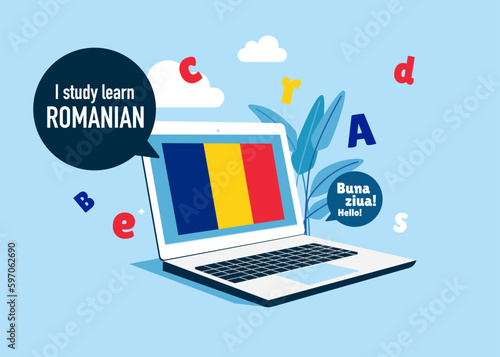 Online education. Language school online Romanian course. Study foreign languages with native speaker. Vector illustration.