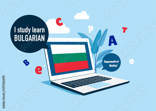 Online education. Language school online Bulgarian course. Study foreign languages with native speaker. Vector illustration.