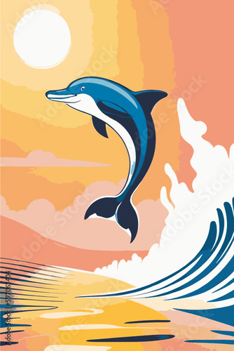 Dolphin jumping out of the water. Dolphin vector illustration. Dolphin cartoon style.