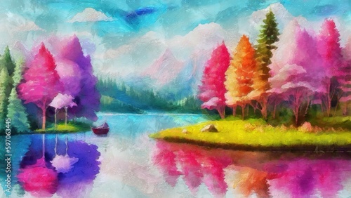 Beautiful landscape with lake, forest and mountain. Digital painting.