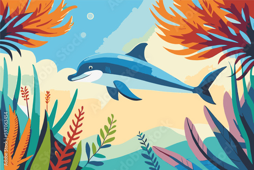 Dolphin jumping out of the water. Dolphin vector illustration. Dolphin cartoon style.