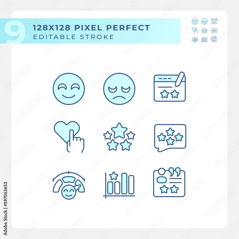 Customer reaction on content pixel perfect RGB color icons set. Evaluation of service. Customer experience. Isolated vector illustrations. Simple filled line drawings collection. Editable stroke