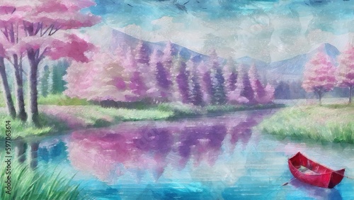 Beautiful landscape with lake, forest and mountain. Digital painting.