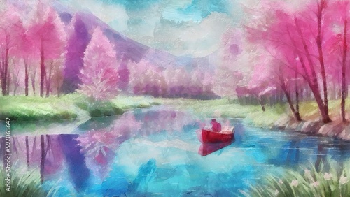 Rural landscape with a lake, a boat and a forest. Digital painting.