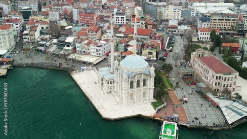 Grand Mecidiye Ortakoy Mosque with martyrs bridge in the back zoom-out shot photo