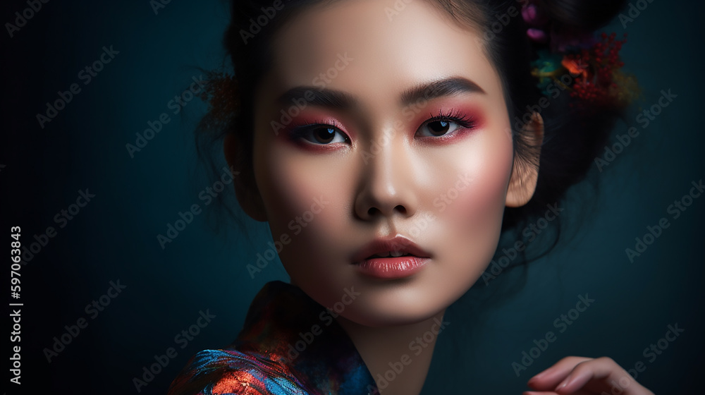 A young woman's portrait framed by shadows, her intense gaze and rich makeup exuding a modern elegance. A young woman's portrait framed by shadows, her intense gaze and rich makeup exuding a modern elegance.