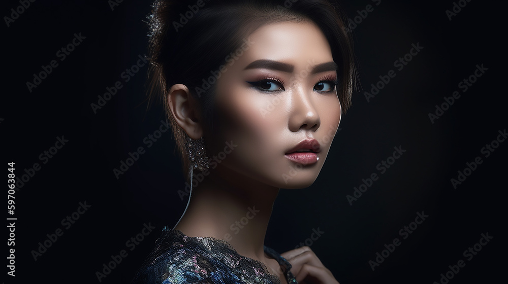 The allure of delicate features contrasted against a dark backdrop, highlighting the subject's refined beauty. The allure of delicate features contrasted against a dark backdrop, highlighting the subject's refined beauty.