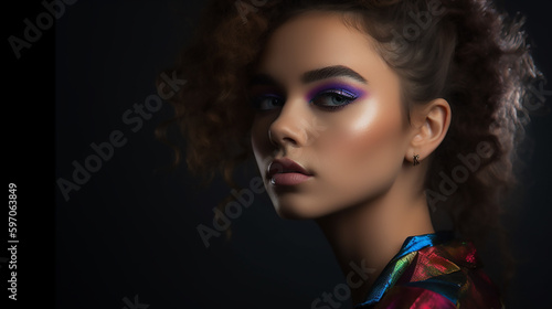 A model's portrait embodying bold confidence, her curled locks and dramatic eye makeup speaking of a fierce personality.