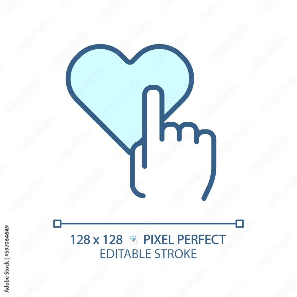 Obraz premium Like pixel perfect RGB color icon. Hand with heart. Reaction on social media post. Positive rating of service. Isolated vector illustration. Simple filled line drawing. Editable stroke