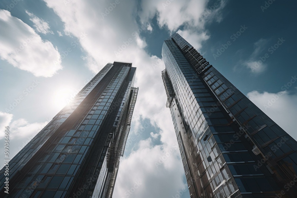 Tall contemporary towers against blue sky with clouds. Generative AI