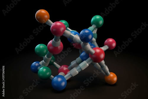 3D model of hydroxylysine amino acid with color-coded atoms and structural formula. Generative AI